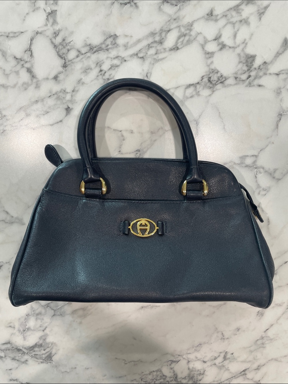 Vintage Etienne Aigner Navy Blue Leather Satchel with Gold-Tone Hardware Bag